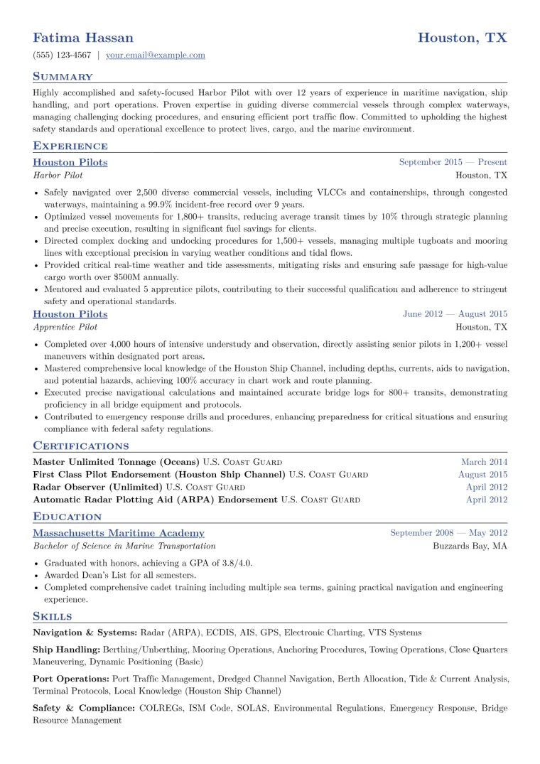 Harbor Pilot Resume Example CV template preview