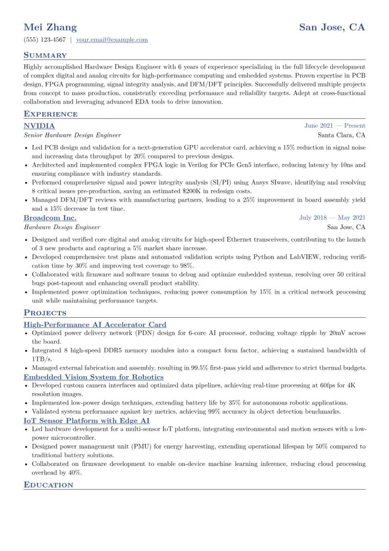 Hardware Design Engineer Resume Example CV template preview