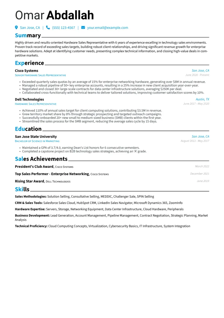 Hardware Sales Representative Resume Example CV template preview