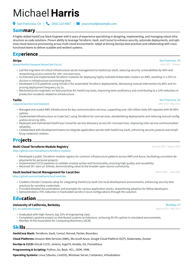 HashiCorp Stack Engineer Resume Example CV template preview