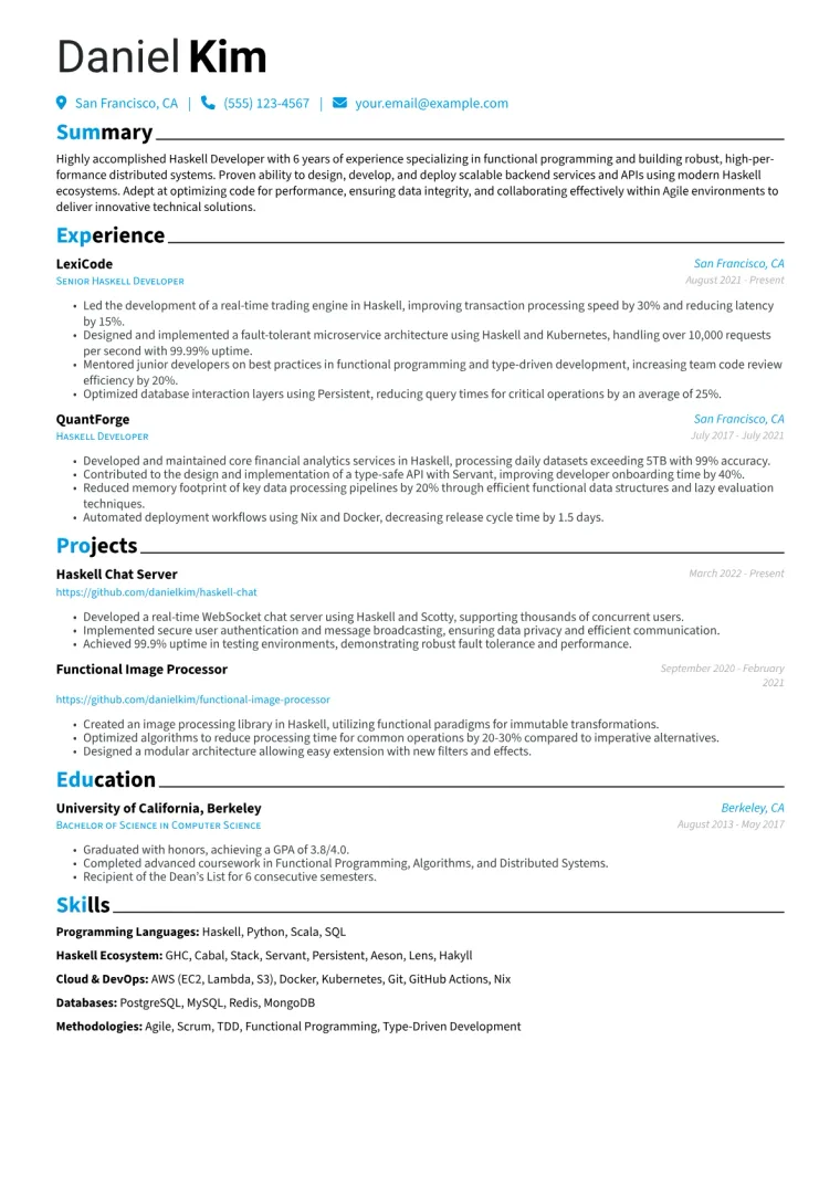 Haskell Developer Resume Example CV template preview