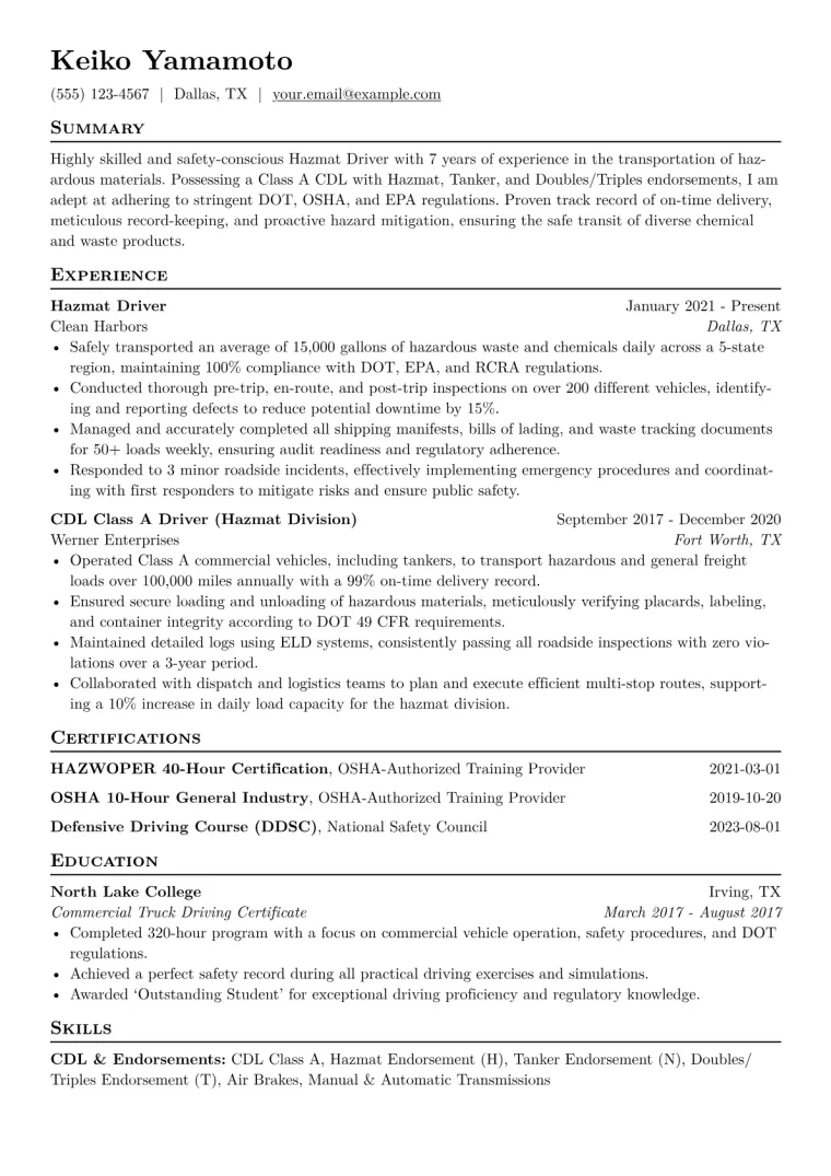 Hazmat Driver Resume Example CV template preview