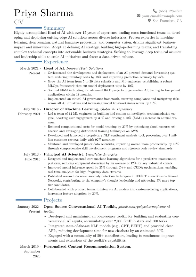 Head of AI Resume Example CV template preview