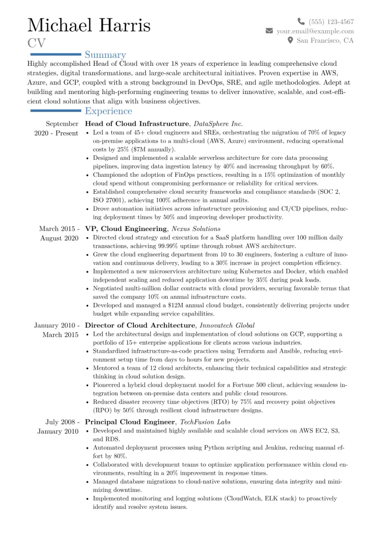 Head of Cloud Resume Example CV template preview