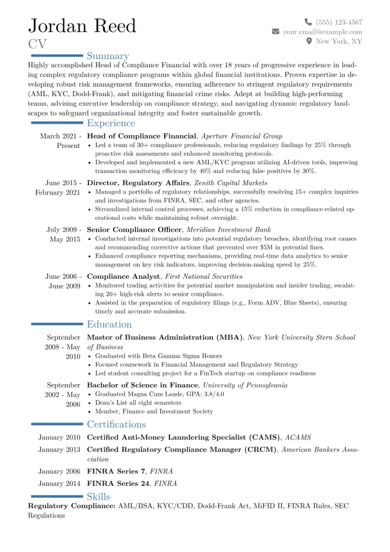 Head of Compliance Financial Resume Example CV template preview
