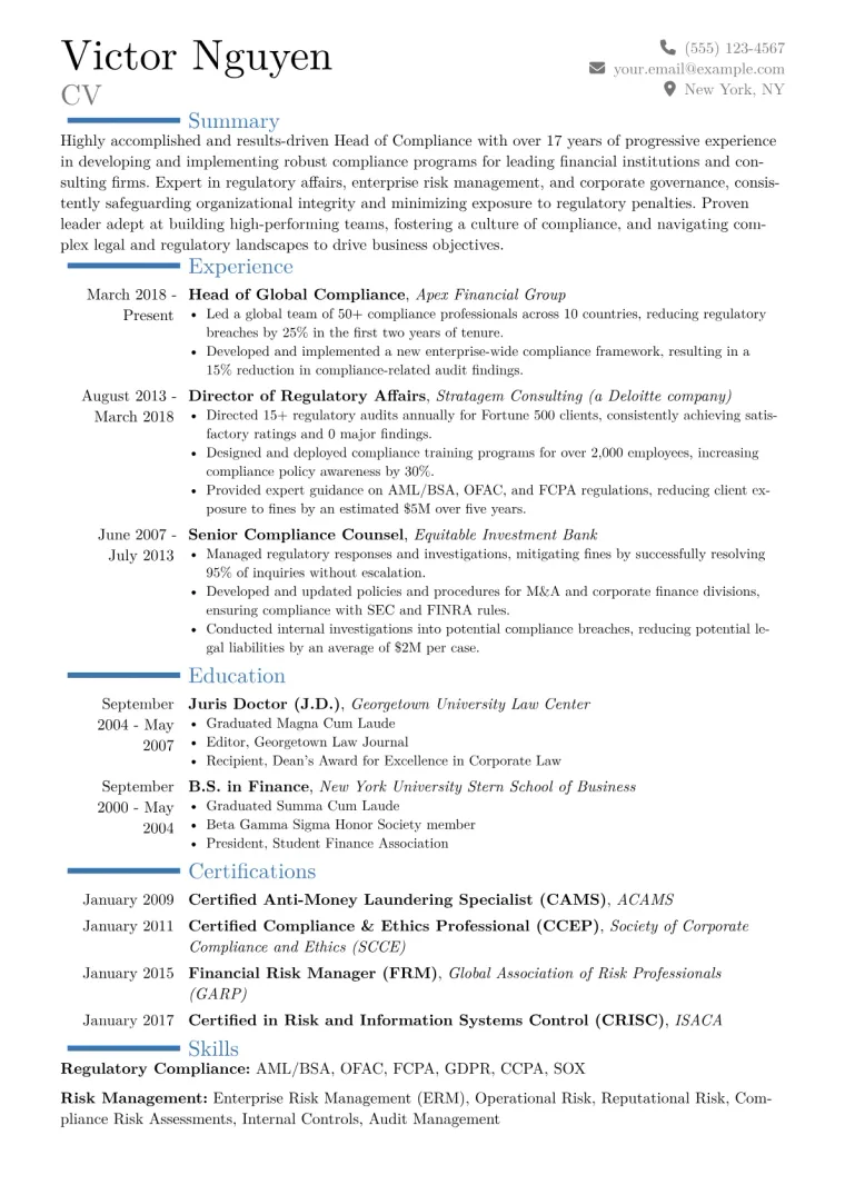 Head of Compliance Resume Example CV template preview