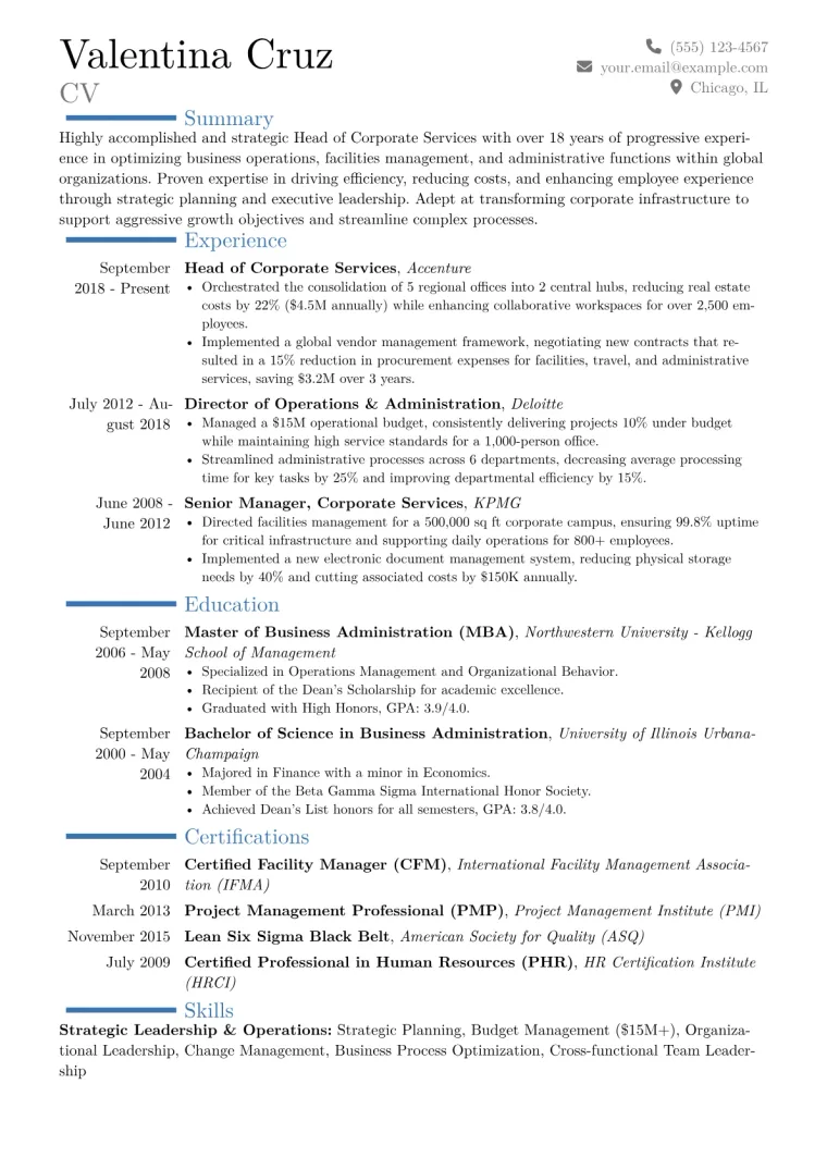 Head of Corporate Services Resume Example CV template preview