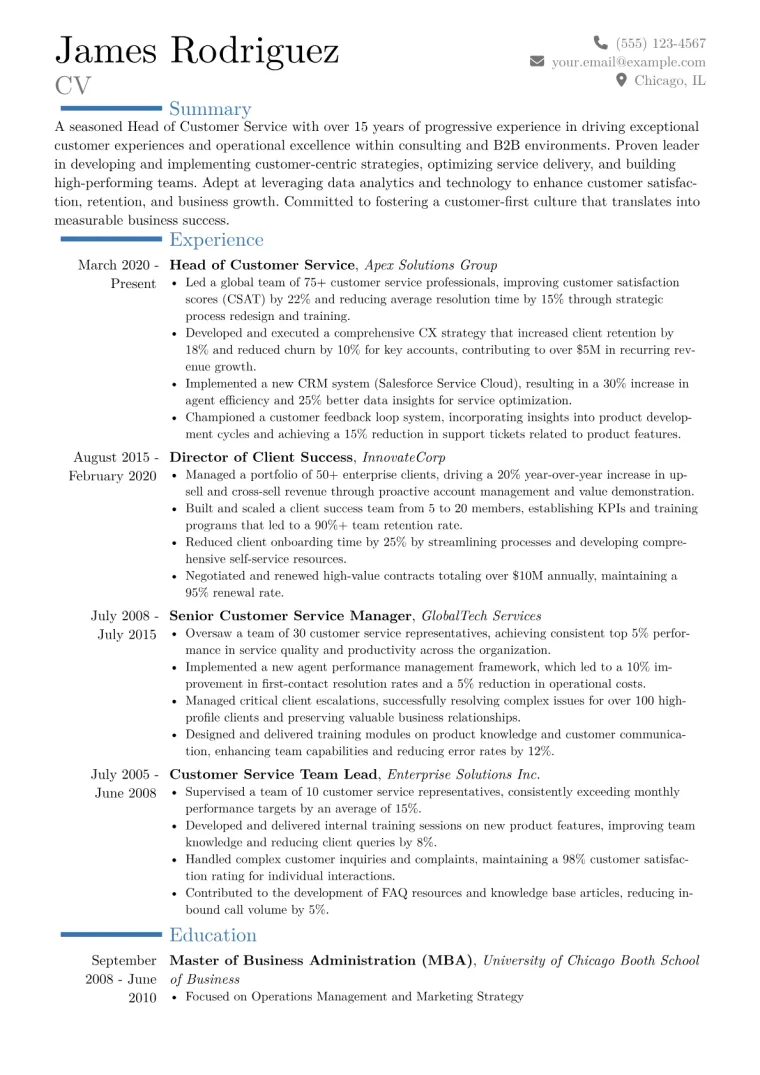 Head of Customer Service Resume Example CV template preview