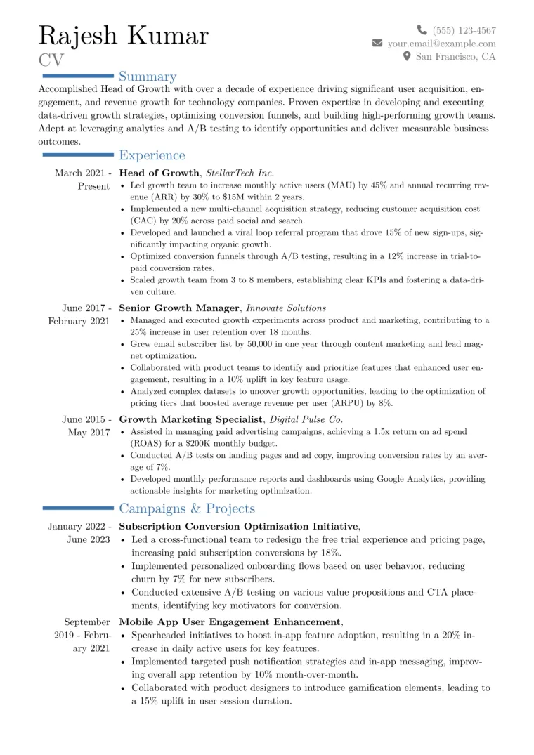 Head of Growth Resume Example CV template preview