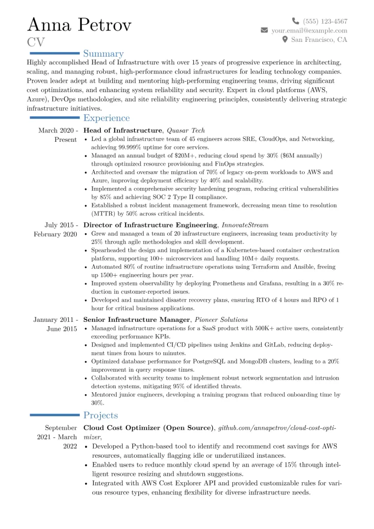Head of Infrastructure Resume Example CV template preview