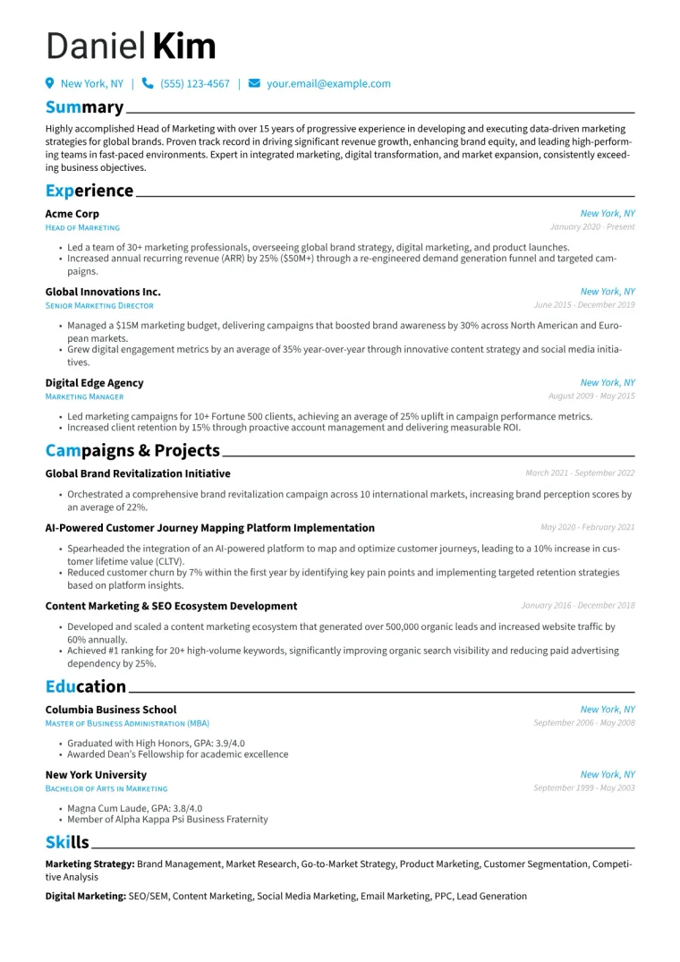 Head of Marketing Resume Example CV template preview