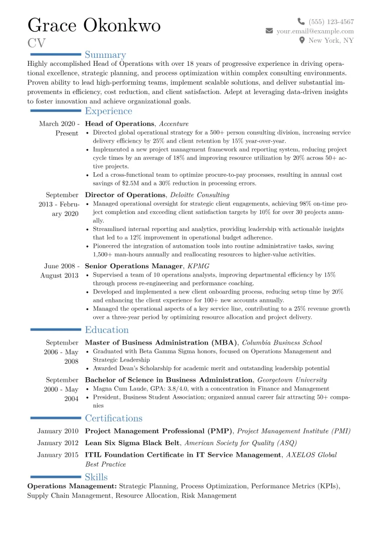 Head of Operations Resume Example CV template preview