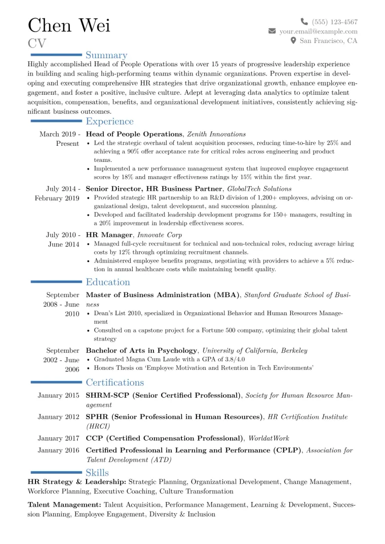 Head of People Operations Resume Example CV template preview