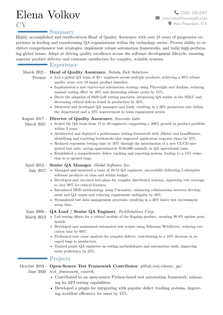 Head of QA Resume Example CV template preview