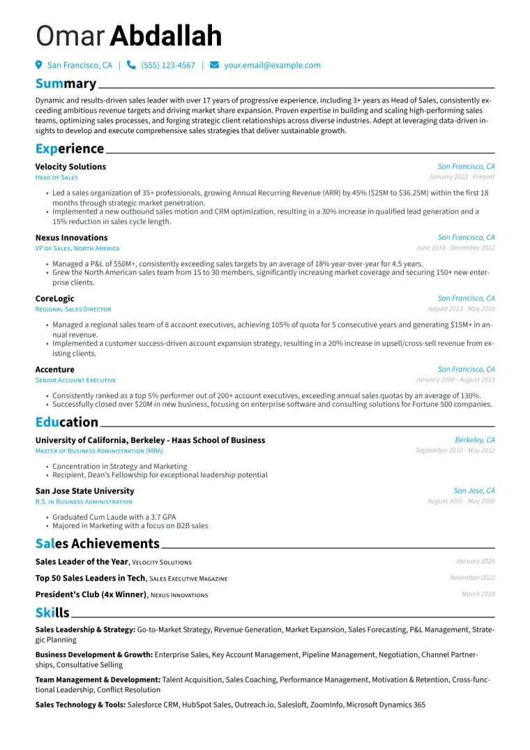Head of Sales Resume Example preview