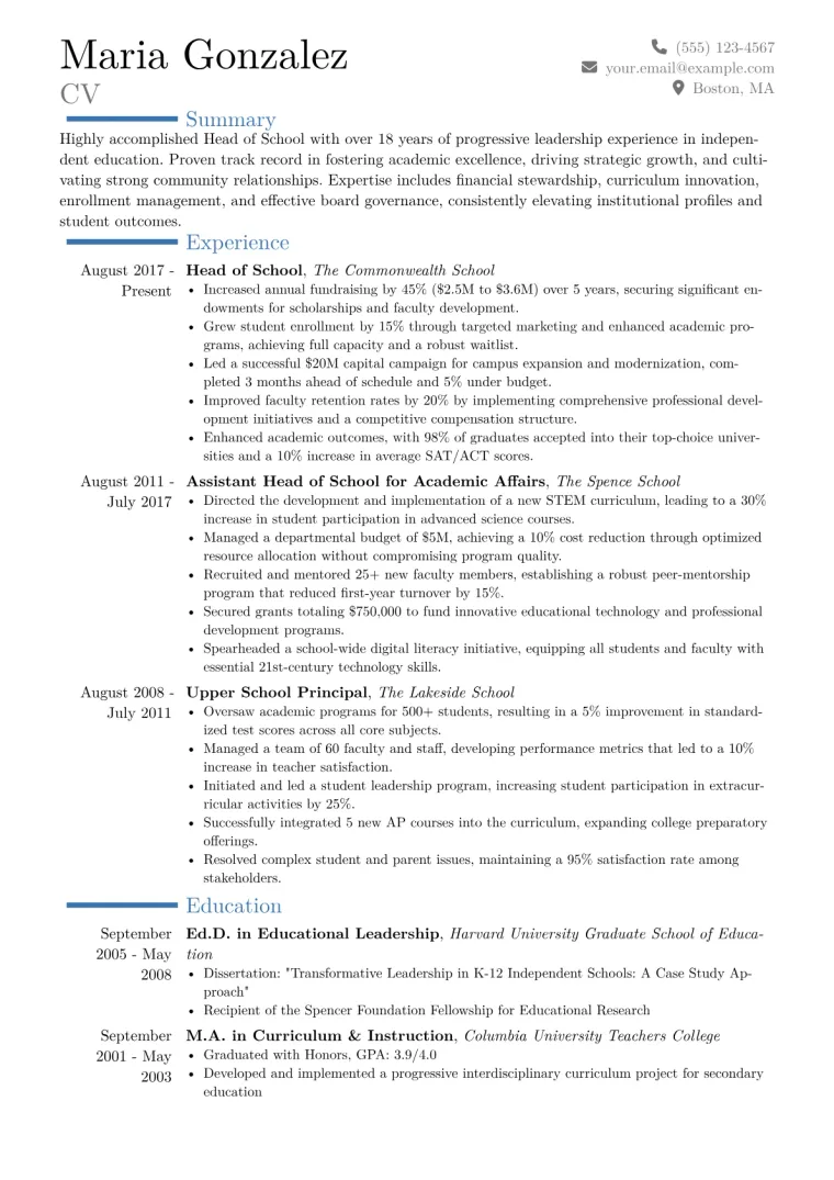 Head of School Resume Example CV template preview