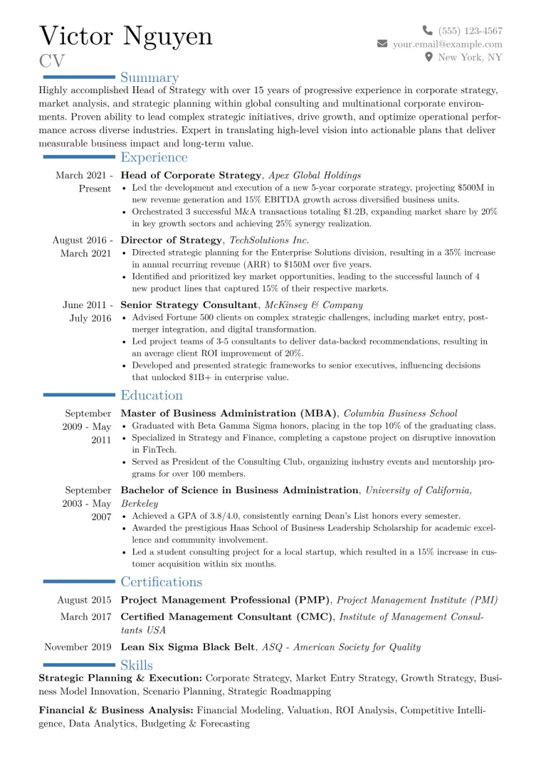 Head of Strategy Resume Example CV template preview