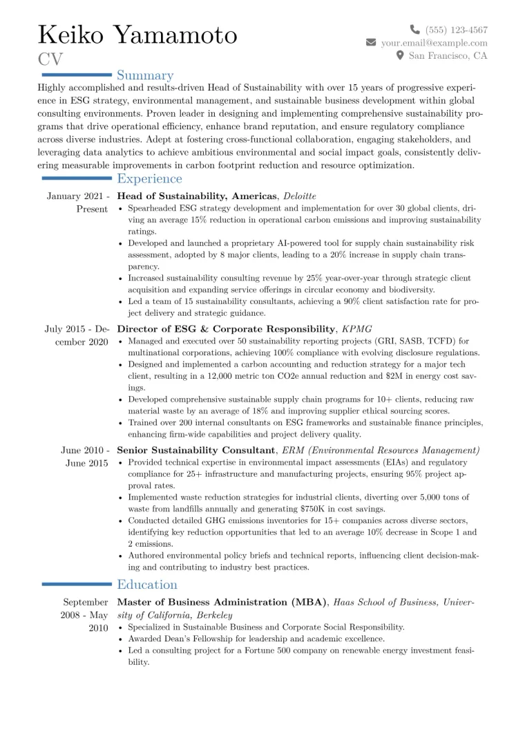 Head of Sustainability Resume Example CV template preview
