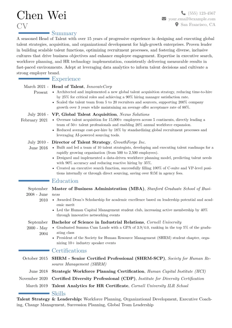 Head of Talent Resume Example CV template preview