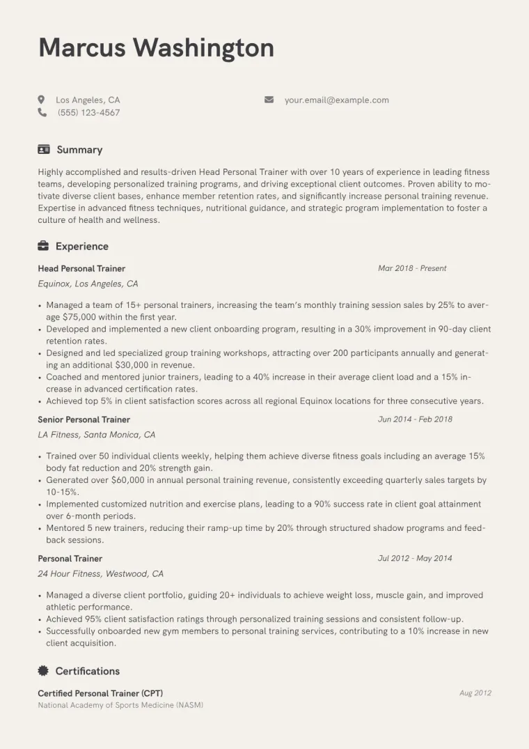 Head Personal Trainer Resume Example CV template preview