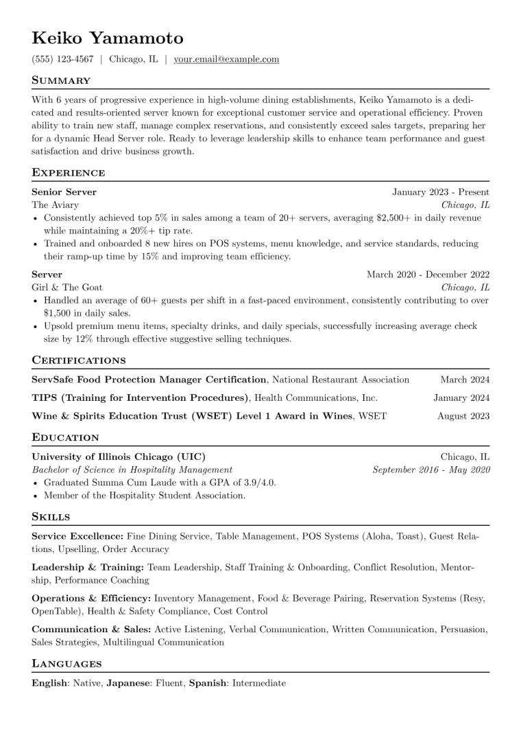 Head Server Resume Example CV template preview