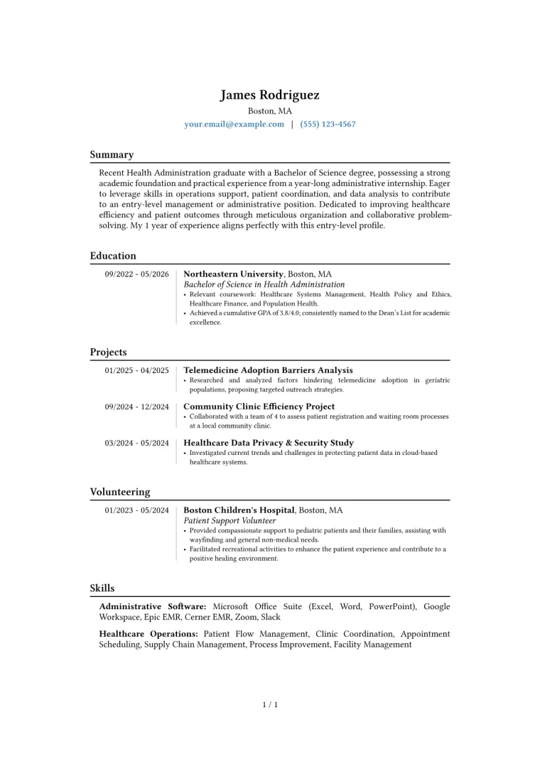 Health Administration Resume Example CV template preview