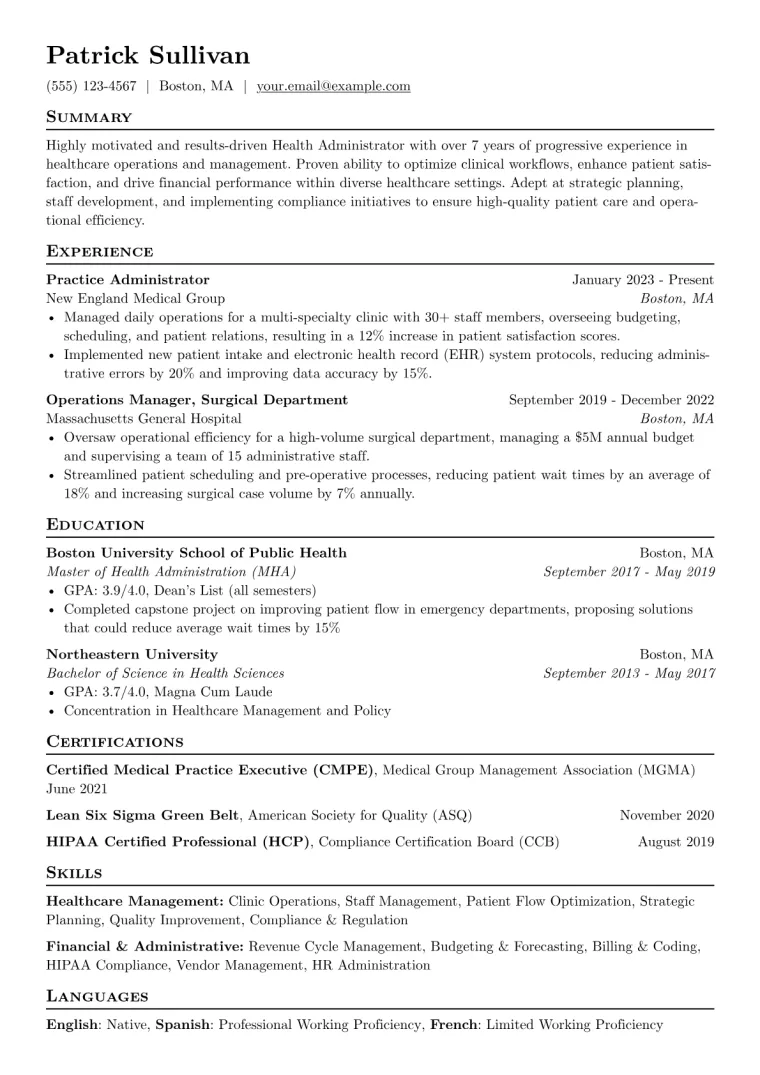 Health Administrator Resume Example CV template preview