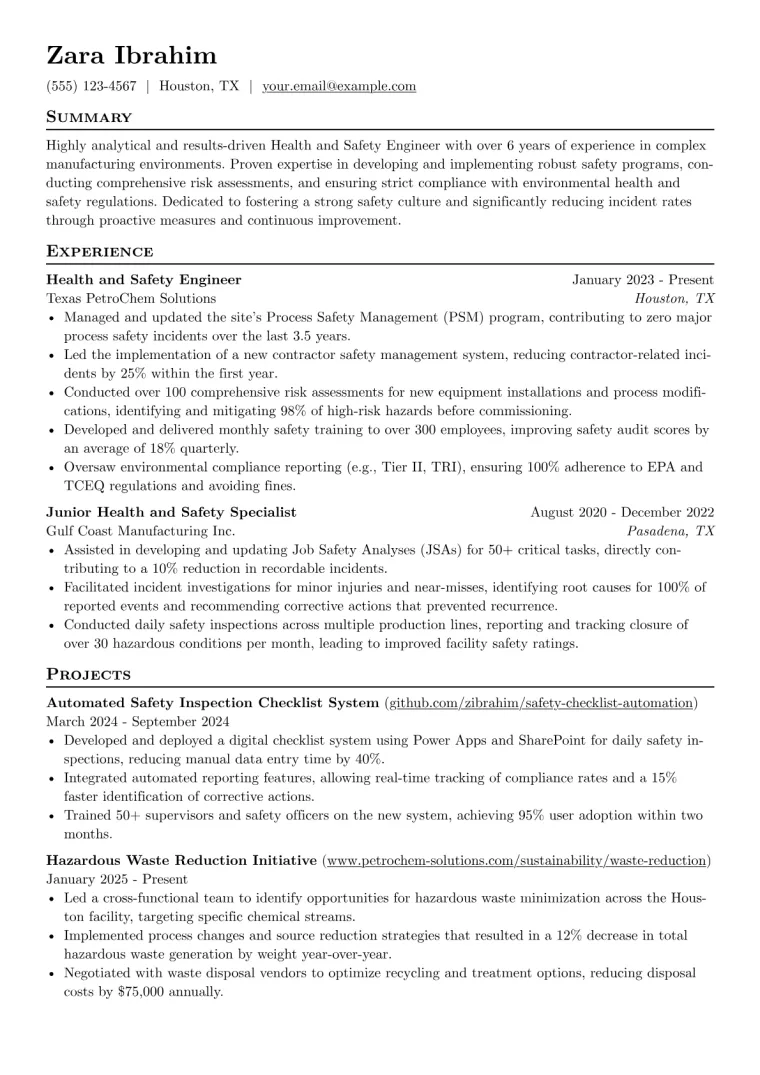 Health and Safety Engineer Resume Example CV template preview