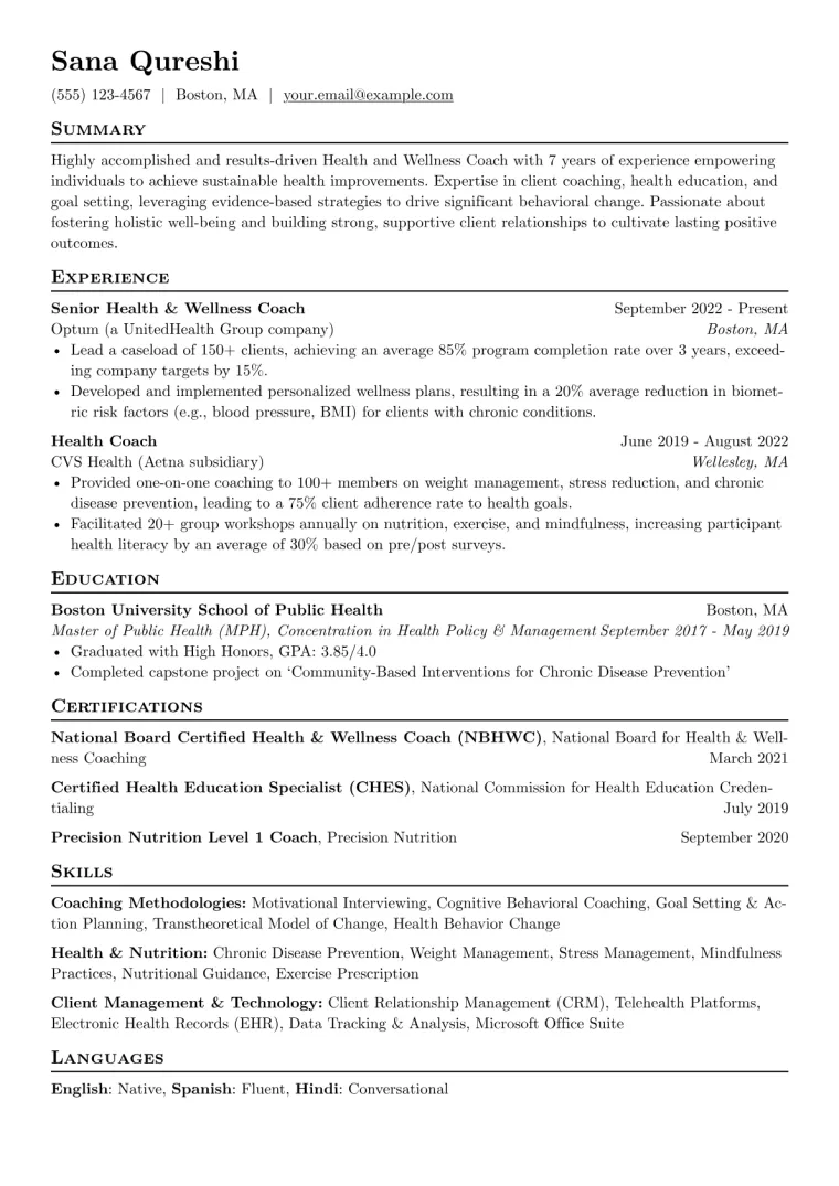 Health and Wellness Coach Resume Example CV template preview