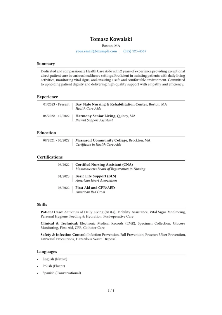 Health Care Aide Resume Example CV template preview