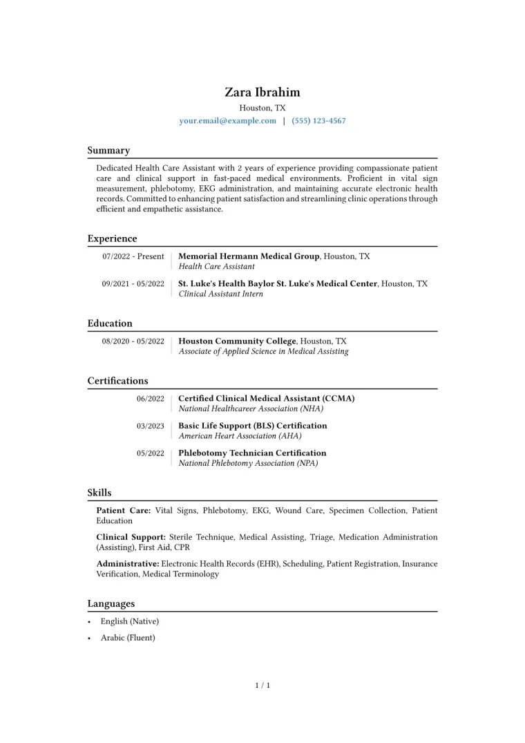 Health Care Assistant Resume Example CV template preview