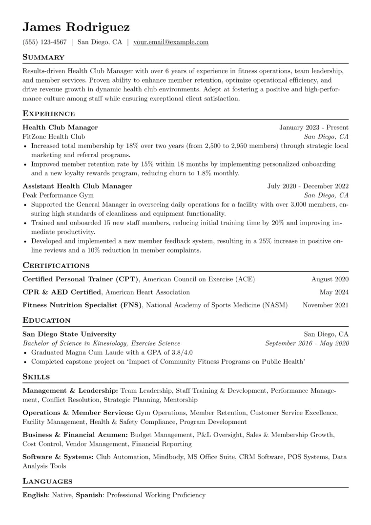 Health Club Manager Resume Example preview