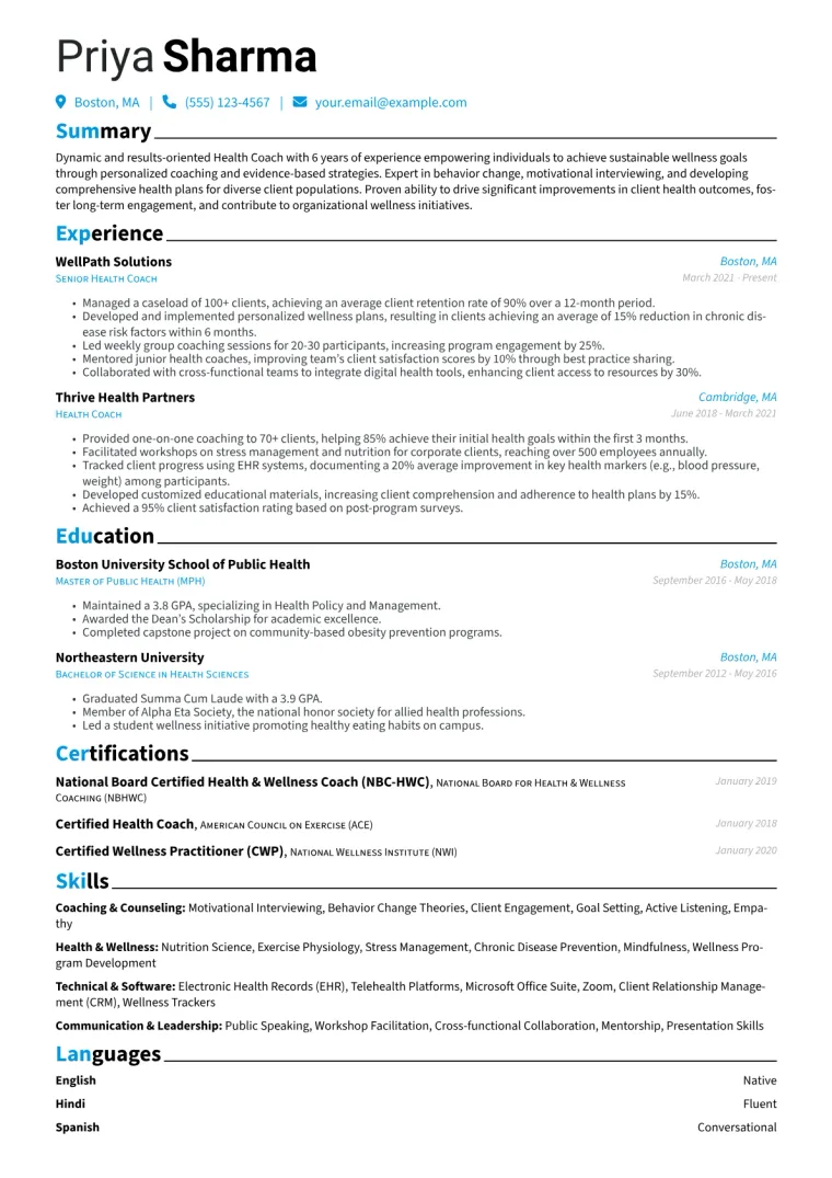 Health Coach Resume Example CV template preview