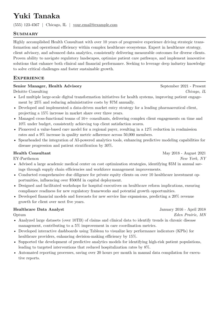Health Consultant Resume Example CV template preview