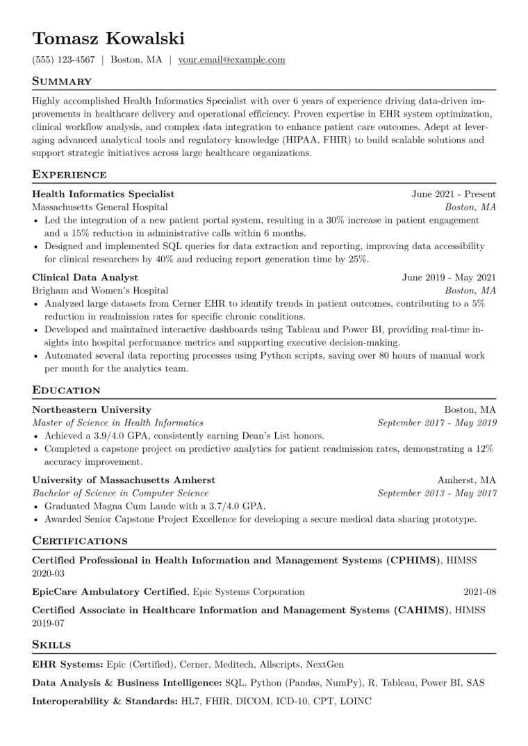Health Informatics Specialist Resume Example CV template preview