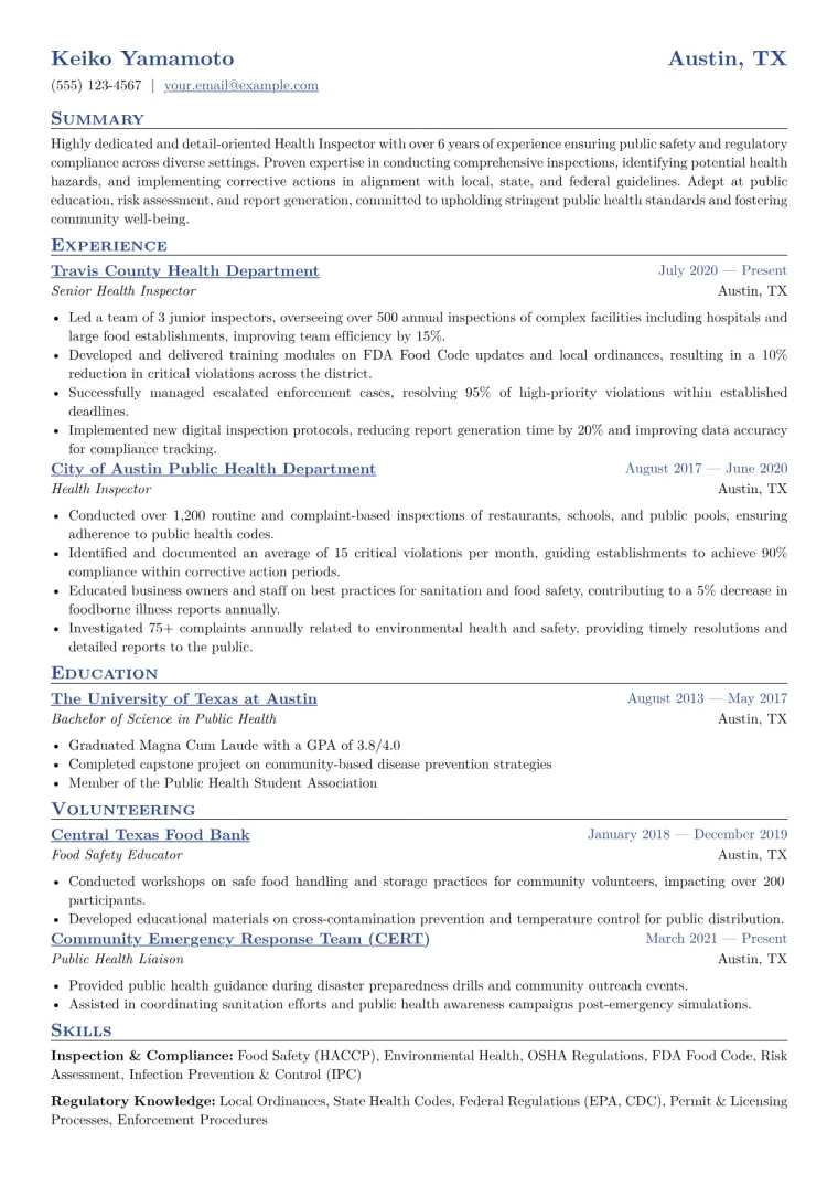 Health Inspector Resume Example CV template preview