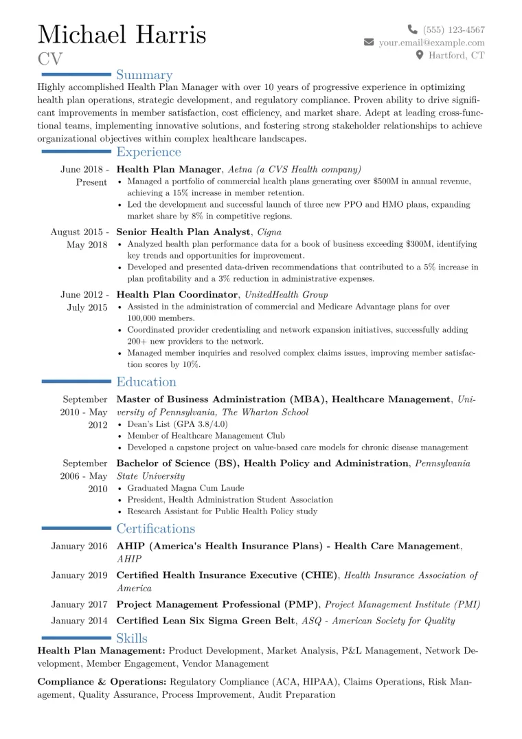 Health Plan Manager Resume Example CV template preview
