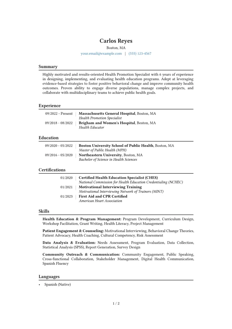 Health Promotion Specialist Resume Example CV template preview