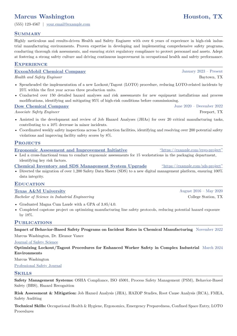 Health Safety Engineer Resume Example CV template preview