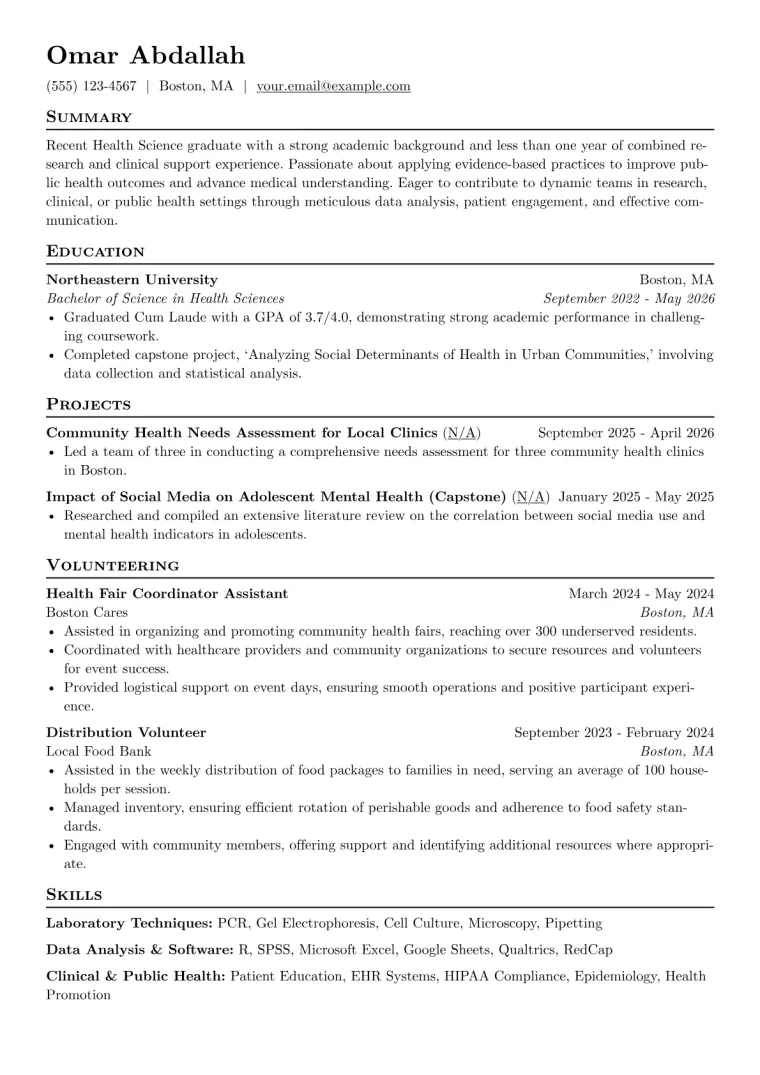 Health Science Resume Example CV template preview