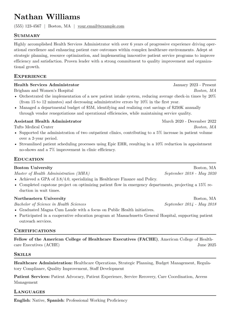 Health Services Administrator Resume Example CV template preview