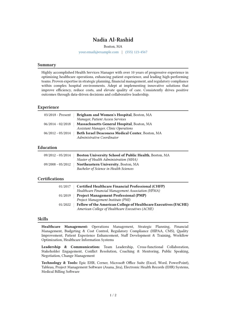 Health Services Manager Resume Example CV template preview