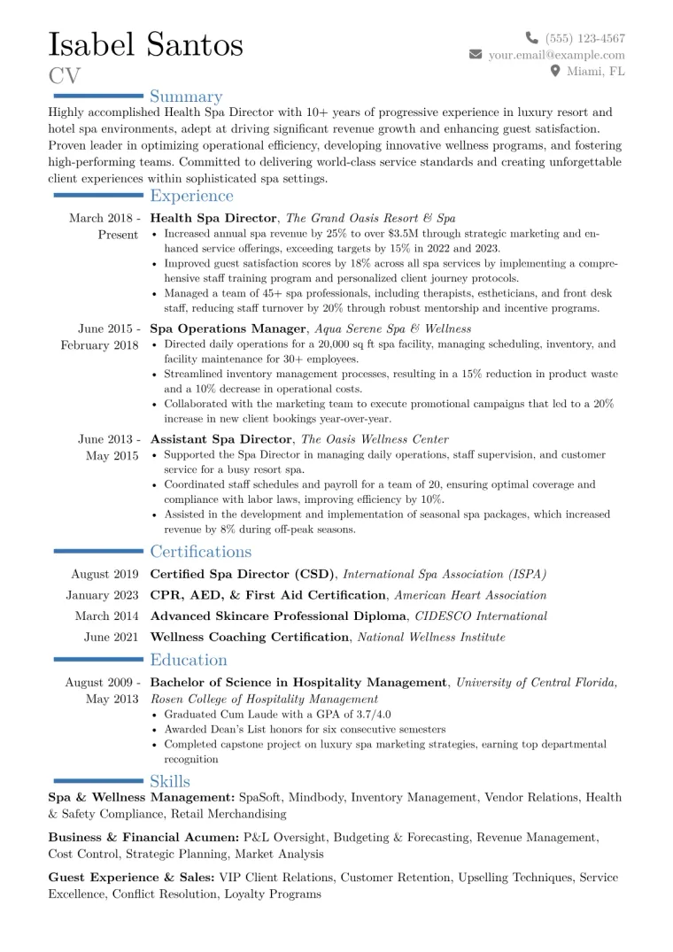 Health Spa Director Resume Example CV template preview