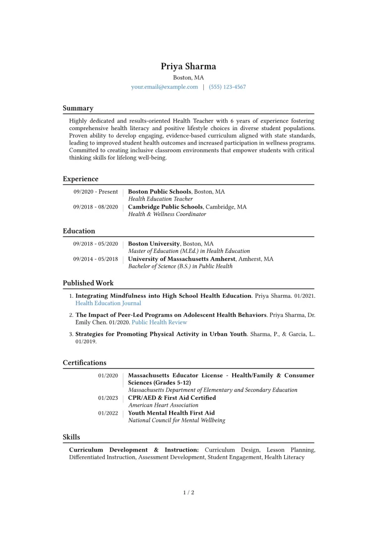 Health Teacher Resume Example CV template preview
