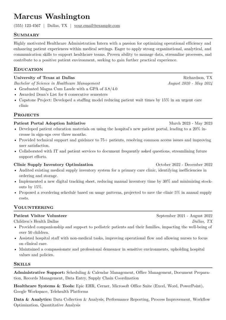 Healthcare Administration Intern Resume Example CV template preview
