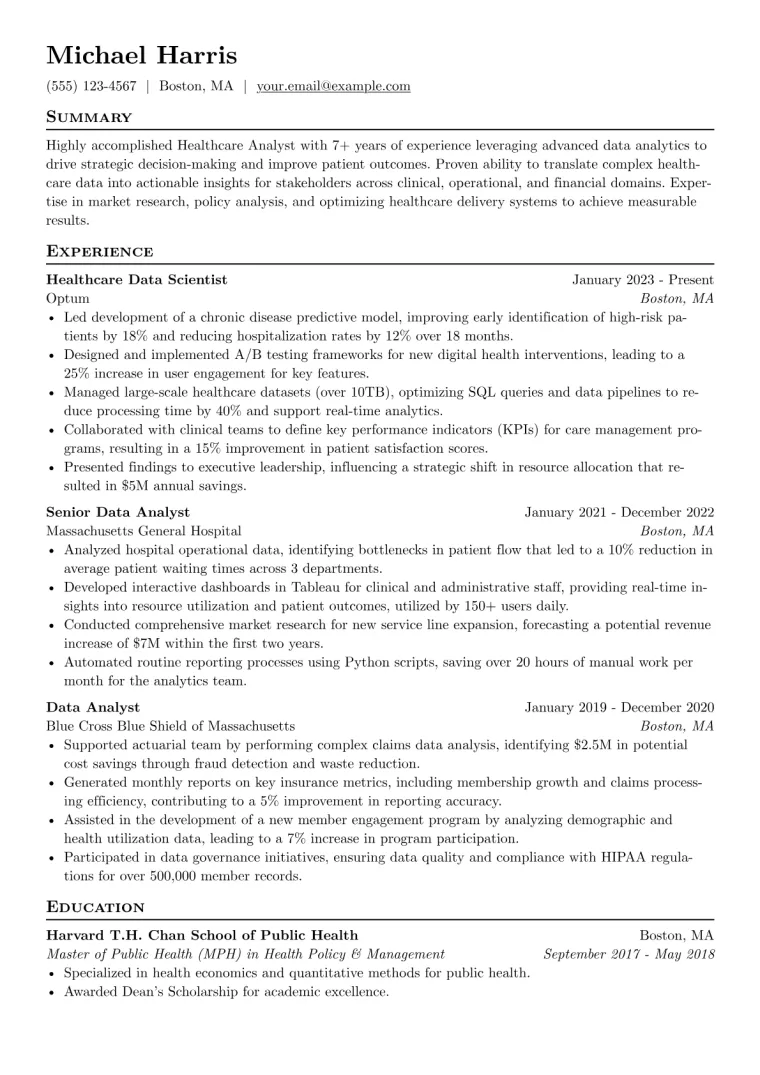 Healthcare Analyst Resume Example preview