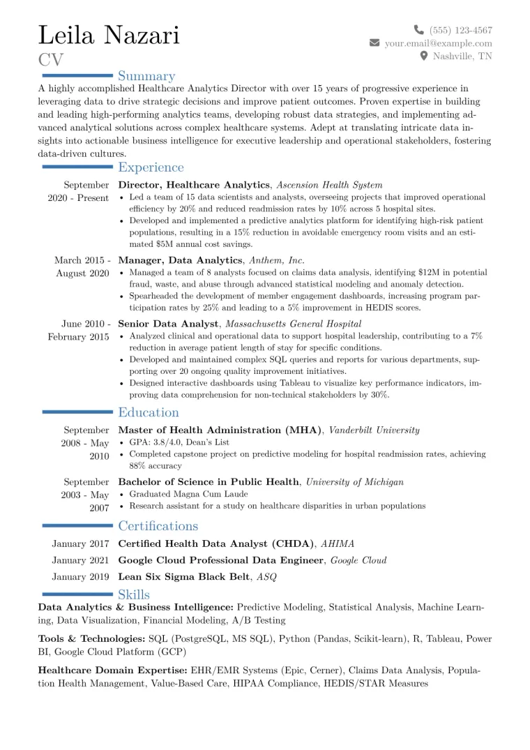 Healthcare Analytics Director Resume Example CV template preview