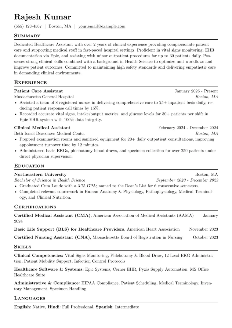 Healthcare Assistant Resume Example CV template preview