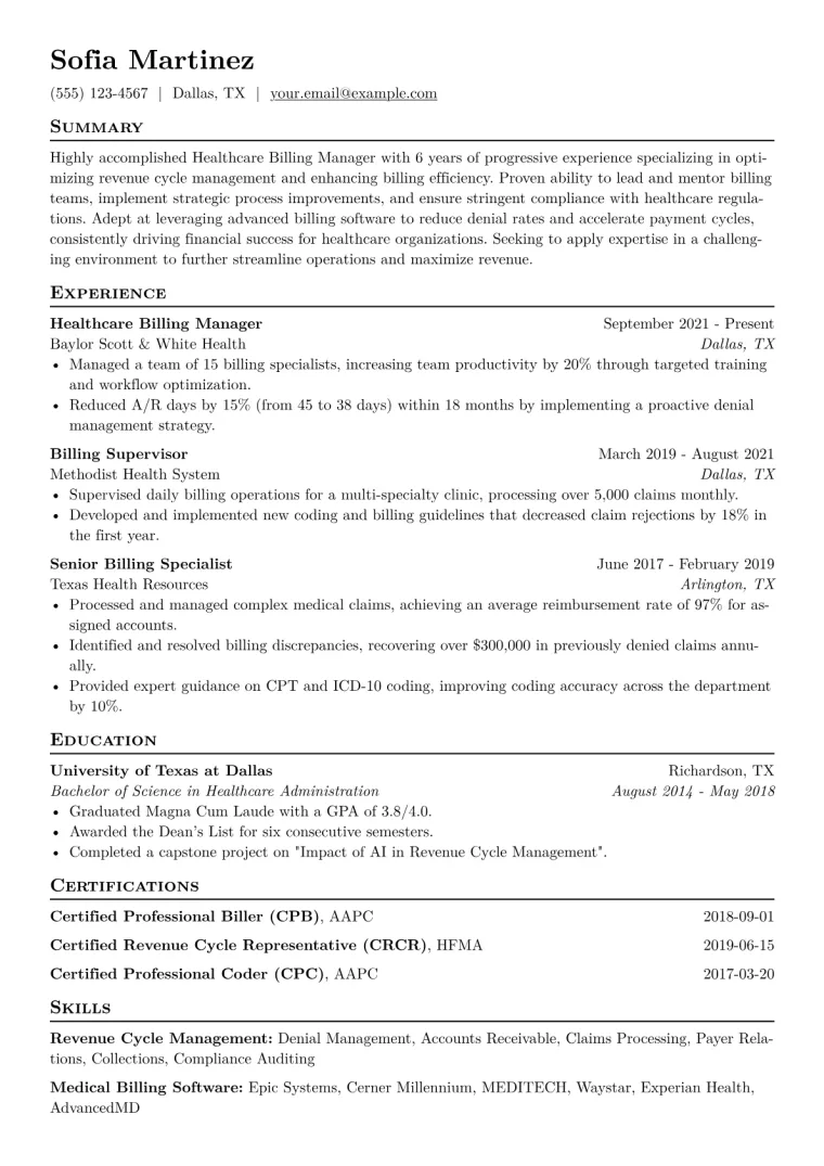 Healthcare Billing Manager Resume Example CV template preview