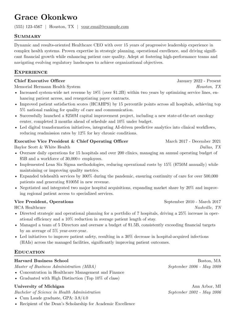 Healthcare CEO Resume Example CV template preview